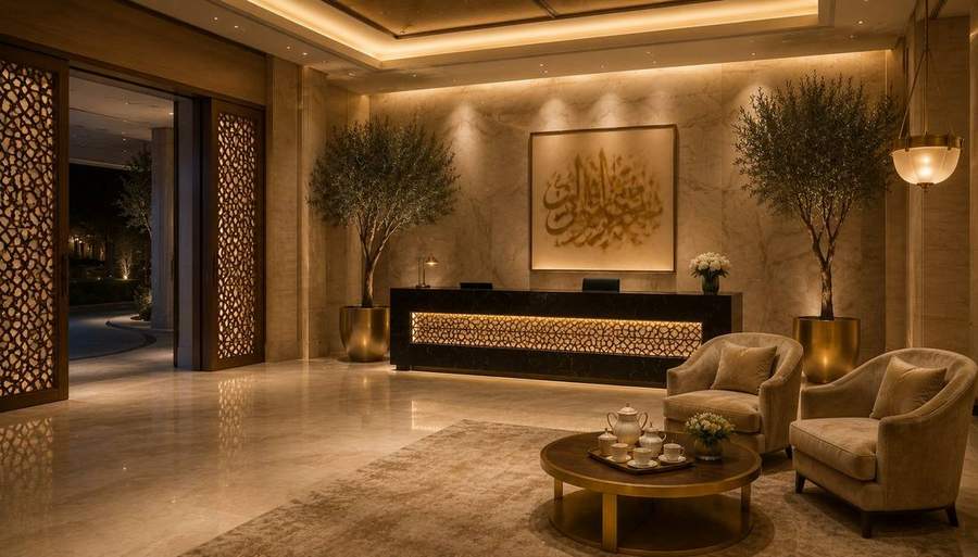 استقبال الجناح الملكيِّ — بهوٌ خاصٌّ بإضاءةٍ دافئة وأبواب مشربيَّة